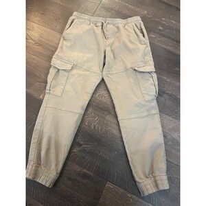 F&F Mens Cargo Jogger Pants Khaki Drawstring Elastic Waist Cotton Blend 36x30